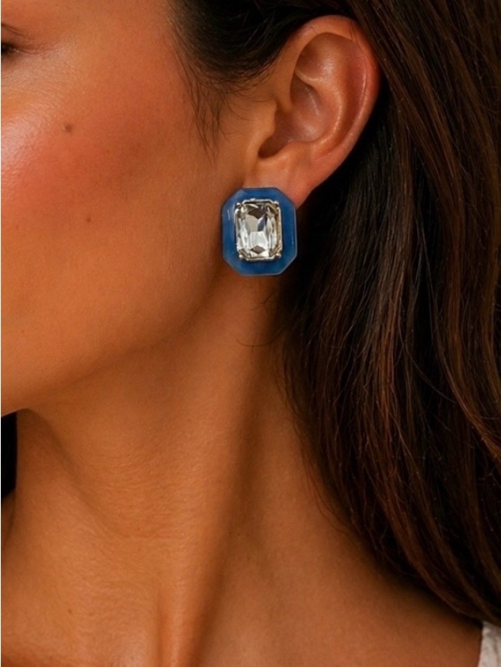 Plunder Navy and Clear Rectangular Crystal Stud Earrings NWT